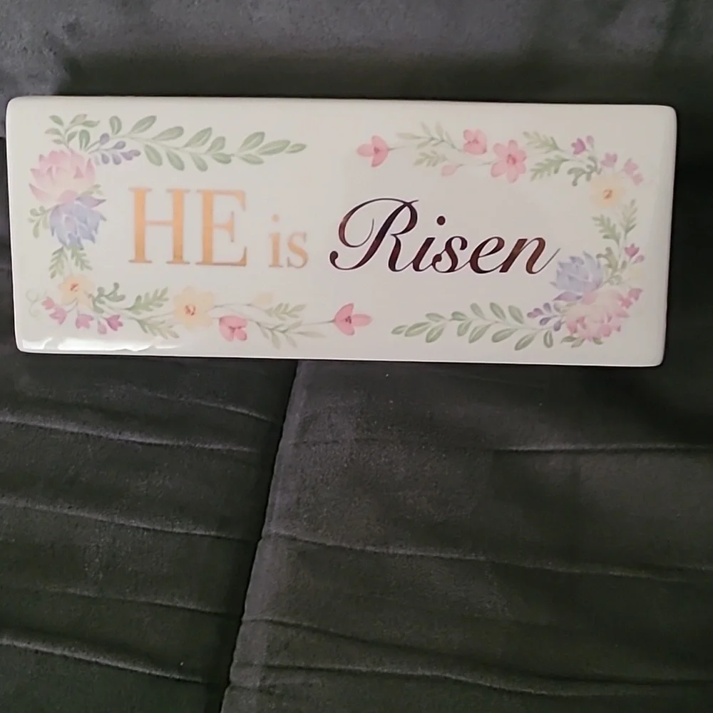 Happy Easter He Is Risen Glass Ceramic Rectangle Cube Sign Pink Purple Yellow